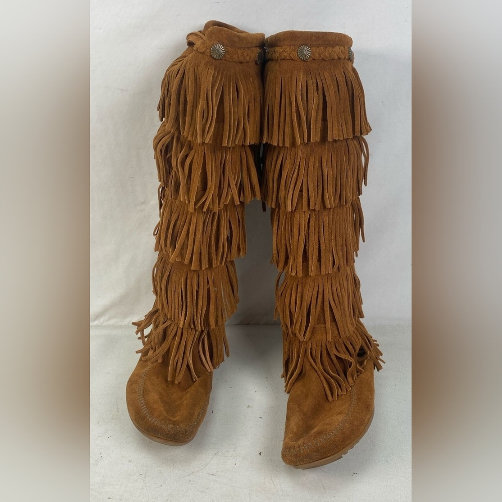 Minnetonka 5 Layer Fringe Brown Tan Suede Boots, Size 6 Suede Boots - Picture 3 of 6